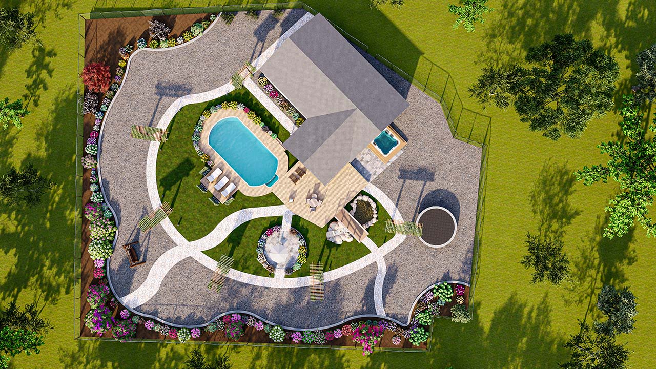 Two acre area landscaping with pool, deck, seating area, hot tub, pond (7)